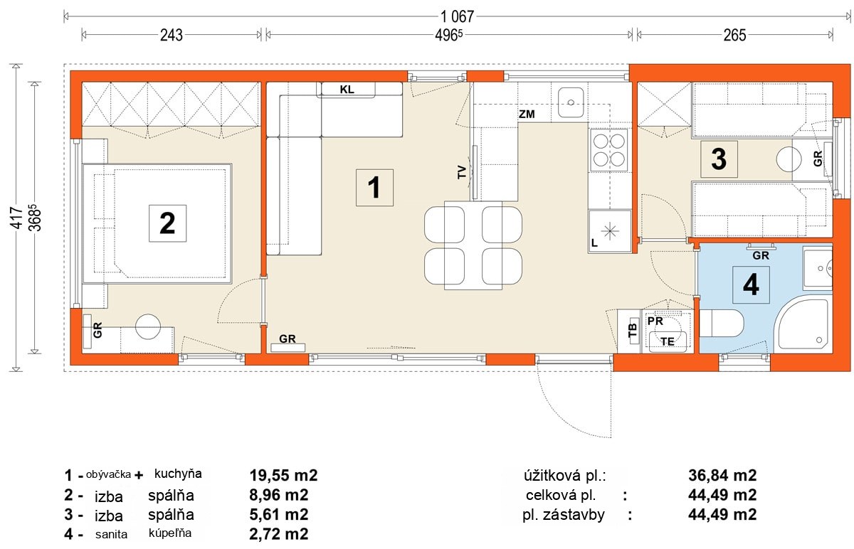 Mobilný dom D – variant 4 – pôdorys