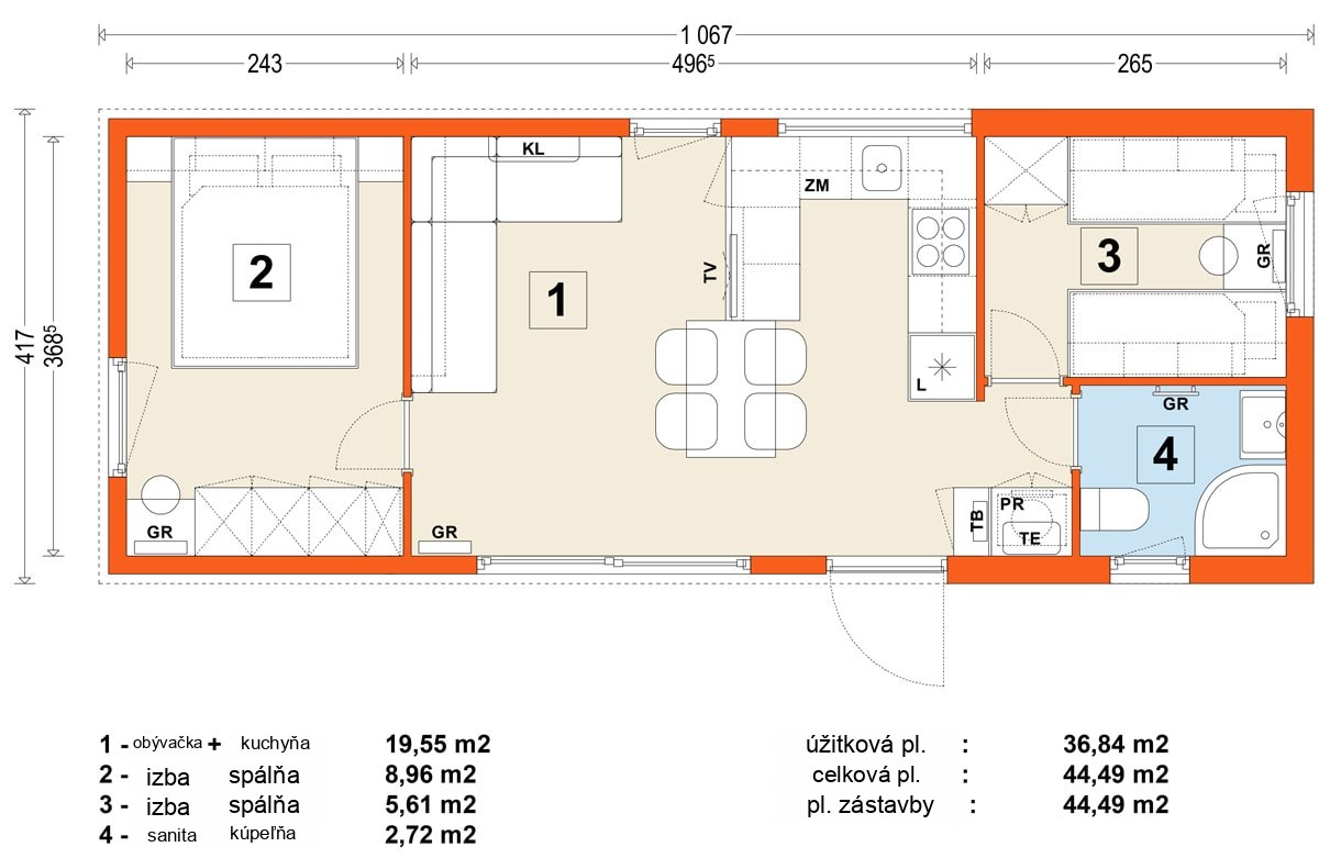 Mobilný dom D – variant 5 – pôdorys (prízemie)
