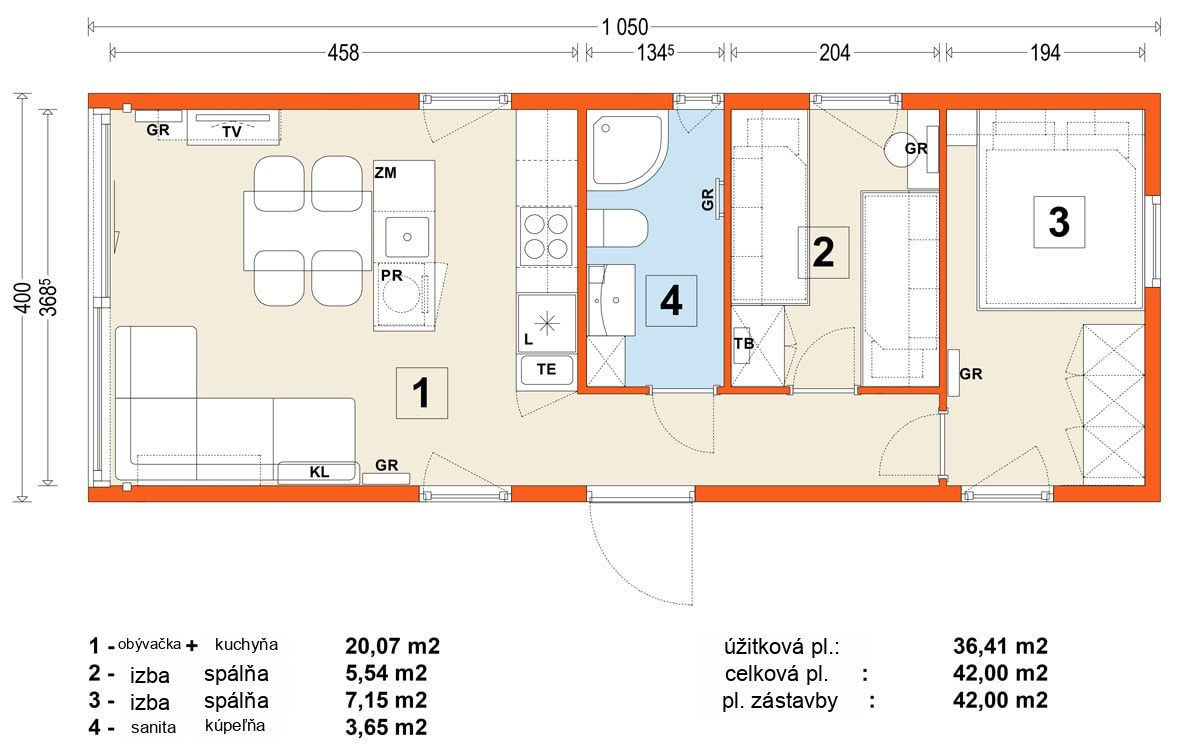 Mobilný dom E – variant 2 – pôdorys