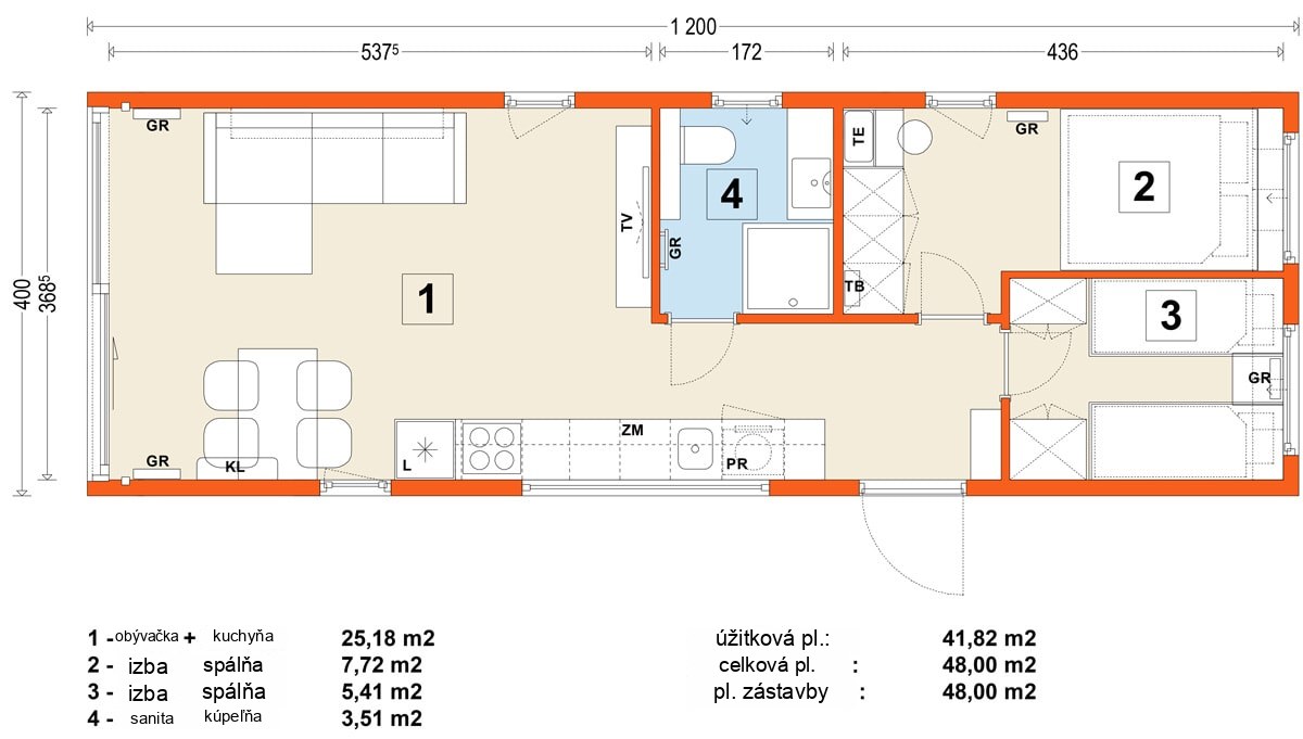 Mobilný dom E – variant 5 – pôdorys