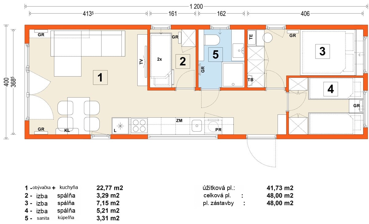Mobilný dom E – variant 6 – pôdorys