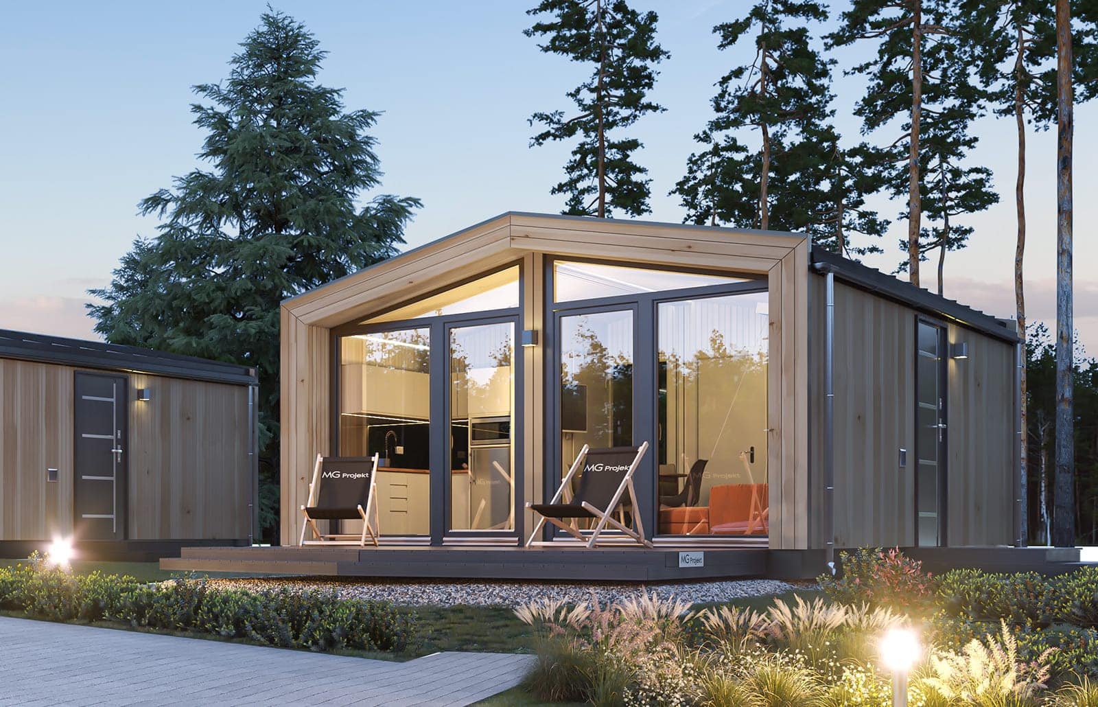Modulový dom MG2 — moderný prízemný modulový dom z dvoch modulov s rovnou strechou
