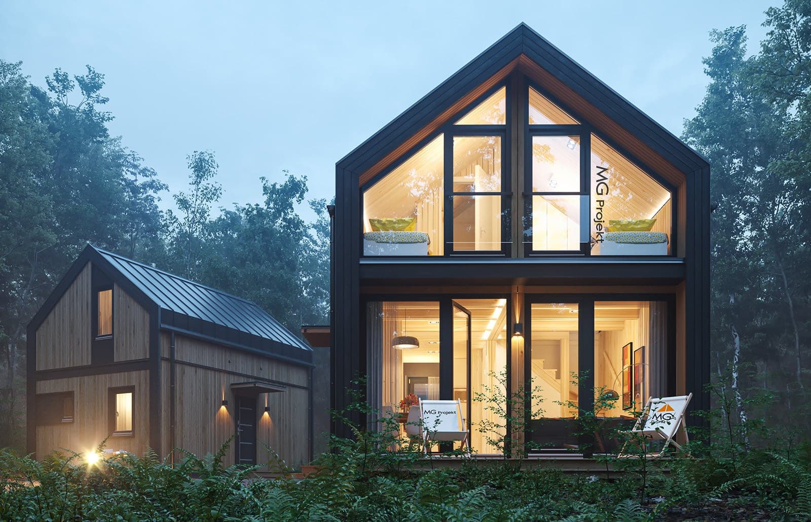 Modulový dom MG3 — moderný modulový dom s obytným podkrovím zo štyroch modulov
